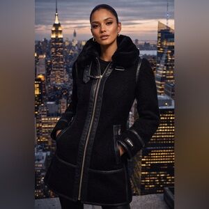 DKNY Black Faux Shearling & Leather Trim Mixed Media Coat - Siz XXS